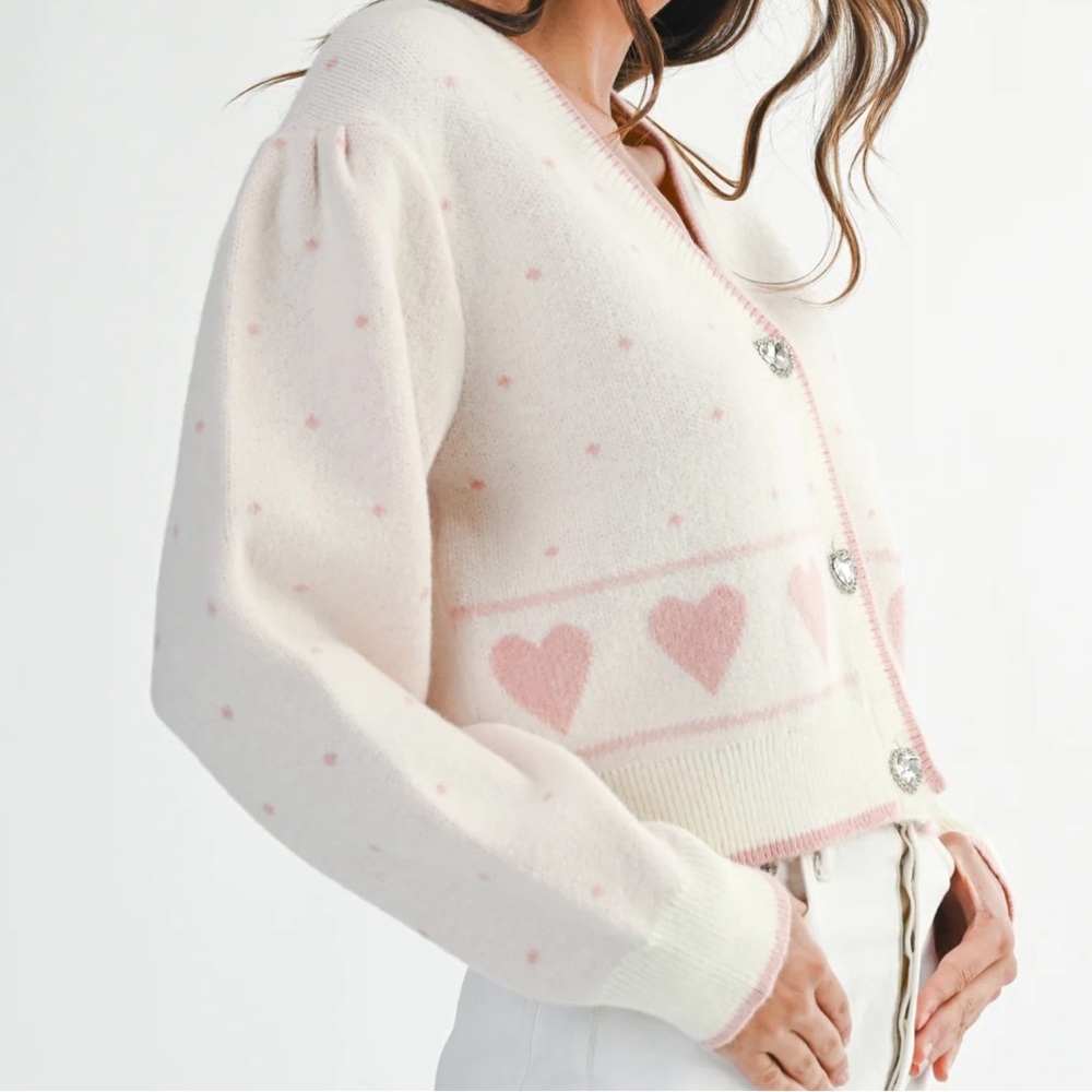 MABLE Cream and Pink Heart Cardigan Sweater - Picture 2 of 9